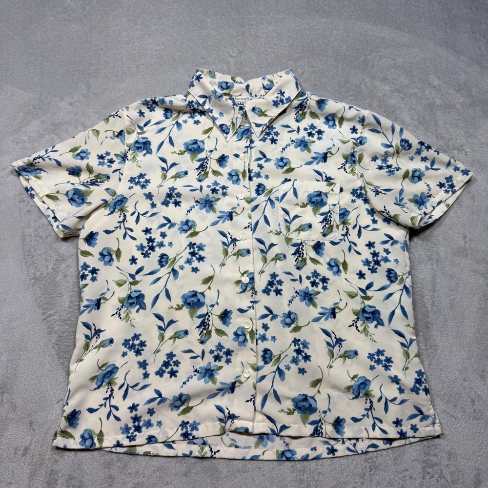 Vintage 90s Jaclyn Smith Blue Floral White Polyester Button Up Blouse Size 14 L
